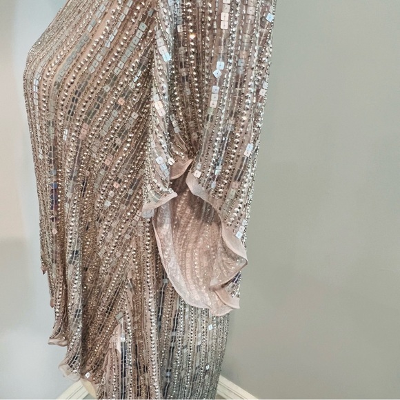 - Parker Silver Sequin Beaded  Blush Silk Blouse L - Picture 6 of 12